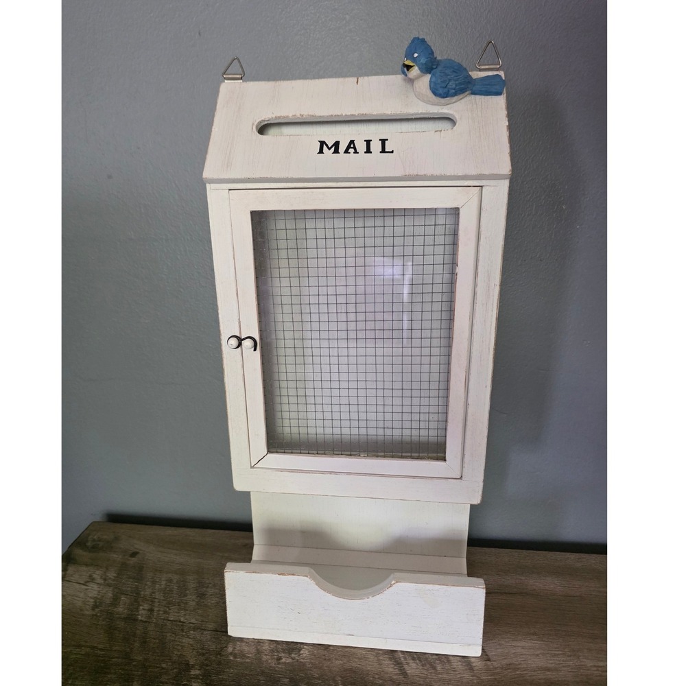 Rustic White Wood Mail Organizer Wall Mount Bluebird Farmhouse Decor Cottagecore